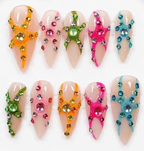 Coral handcrafted press-on nails in orange, pink, green & blue | Eleanor May Collective