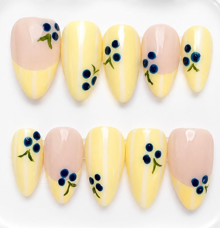 Florence handcrafted press-on nails in yellow & blueberry | Eleanor May Collective