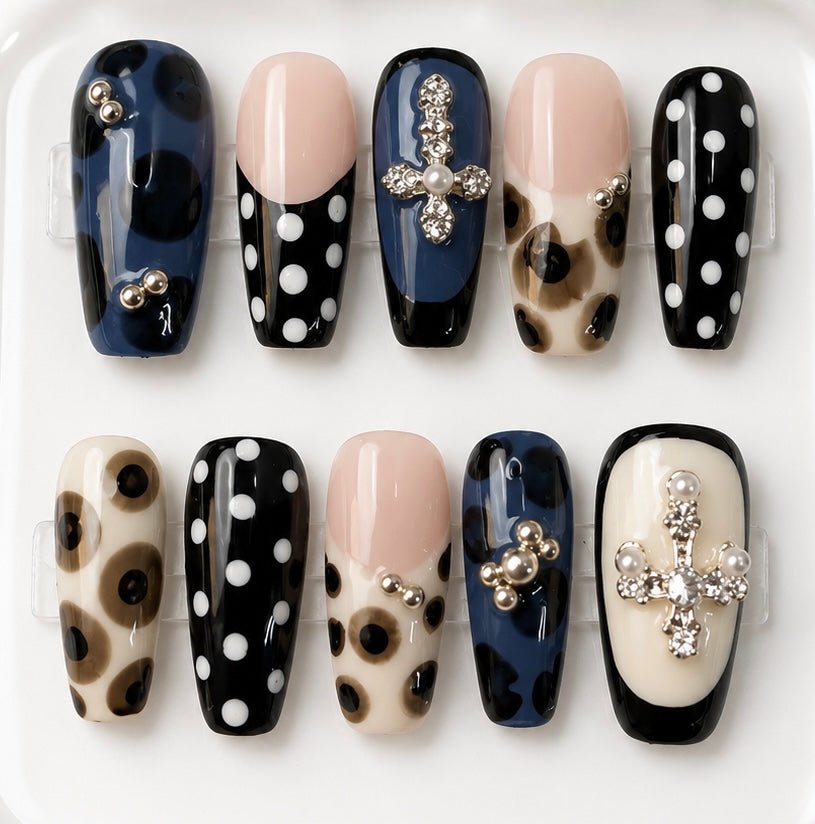 Harriet handcrafted press-on nails in blue, black & white | Eleanor May Collective
