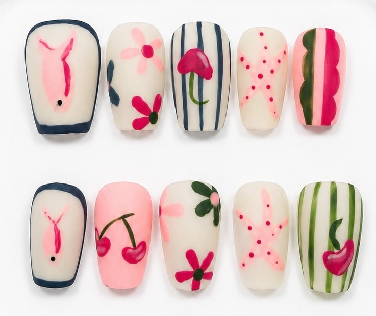 Isla handcrafted press-on nails in pink, blue, green & white | Eleanor May Collective