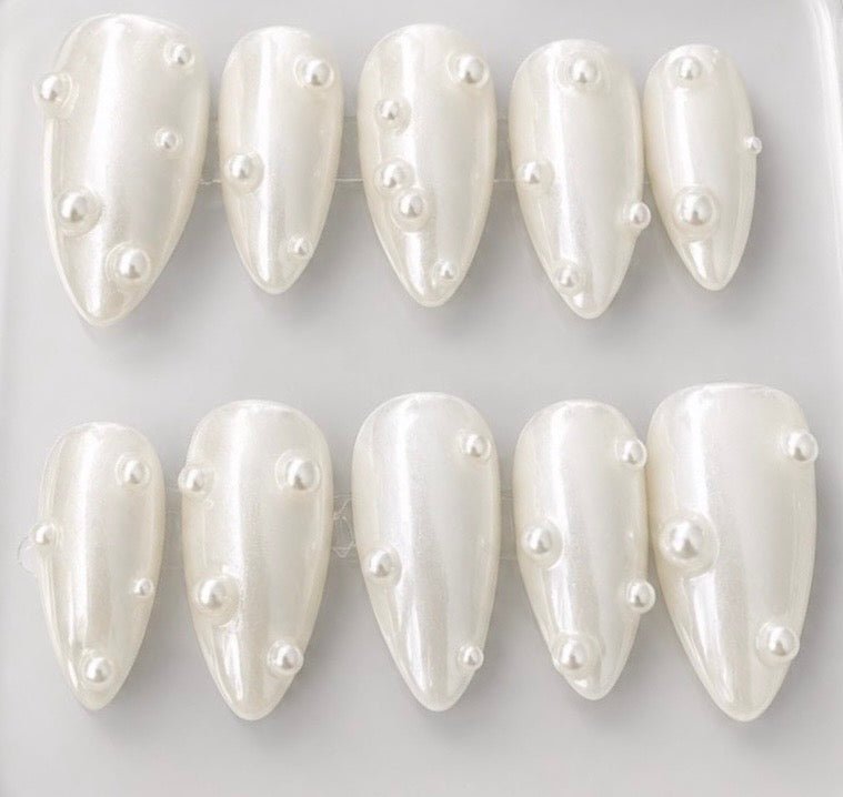 Pearl handcrafted press-on nails in white, chrome & pearl finish | Eleanor May Collective
