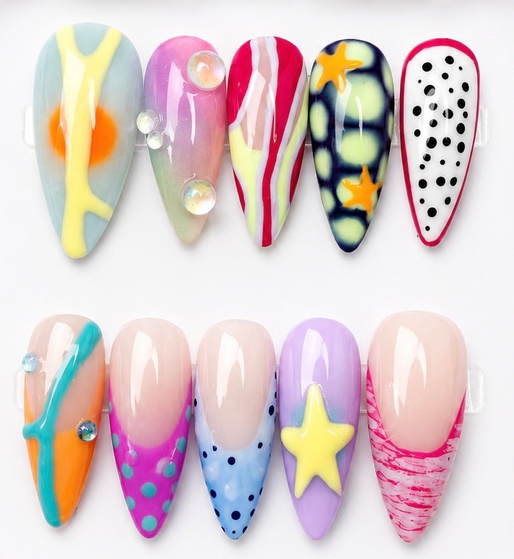 Rose handcrafted press-on nails in blue, yellow, orange, pink & purple | Eleanor May Collective