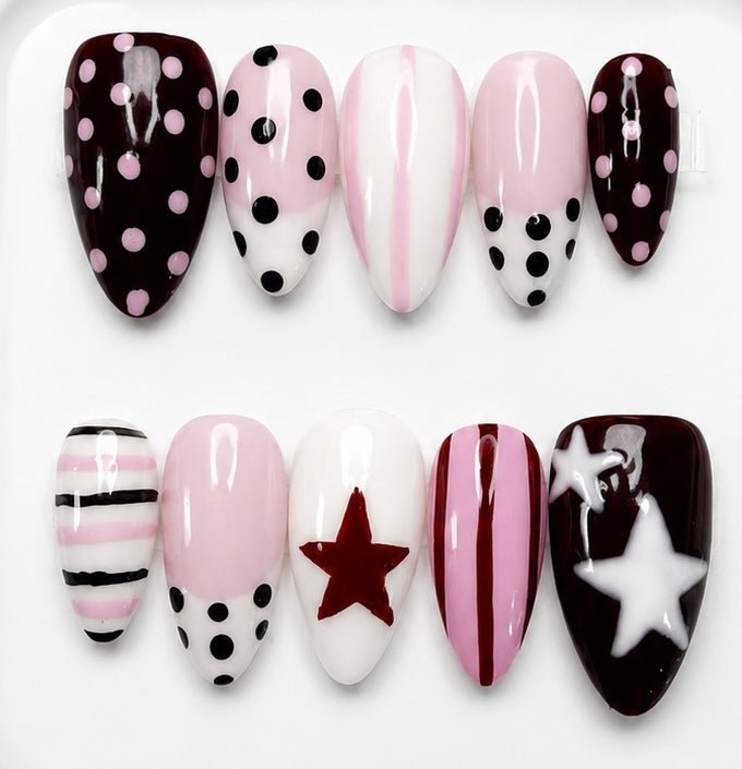 Willow handcrafted press-on nails in burgundy, pink, white & black | Eleanor May Collective