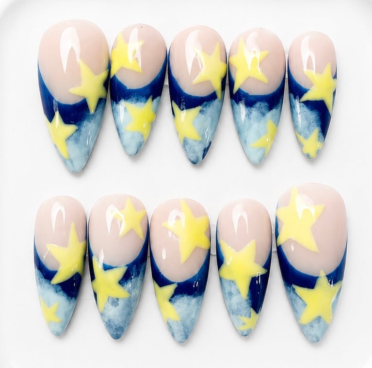 Wren handcrafted press-on nails in blue, white & yellow | Eleanor May Collective